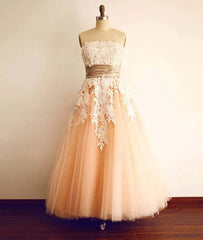 Champagne Tulle Lace Tea Pearl Prom Dresses, Lace Wedding Dresses - RongMoon