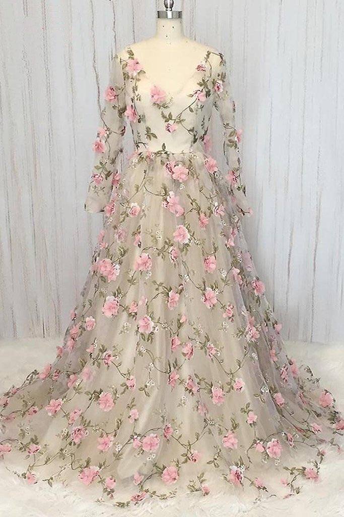 Champagne v neck tulle 3D flowers long prom dress champagne evening dress - RongMoon