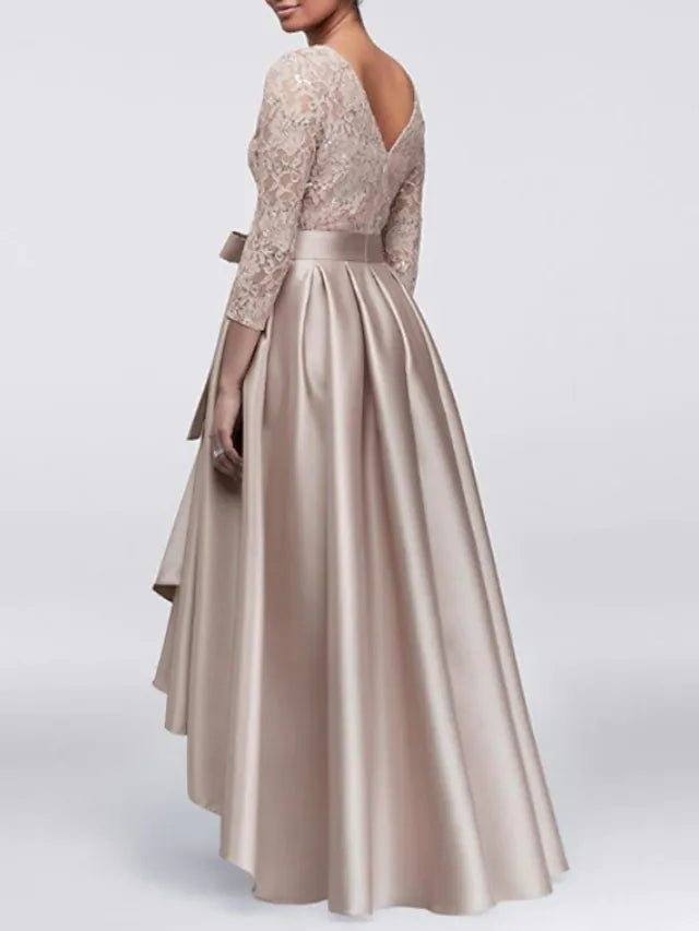 ChampagneShare  Photo by Supplier   A-Line Mother of the Bride Dress Plus Size Sexy Jewel Neck Asymmetrical Lace Satin 3/4 Length Sleeve with Sash / Ribbon Appliques - RongMoon