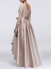ChampagneShare  Photo by Supplier   A-Line Mother of the Bride Dress Plus Size Sexy Jewel Neck Asymmetrical Lace Satin 3/4 Length Sleeve with Sash / Ribbon Appliques - RongMoon