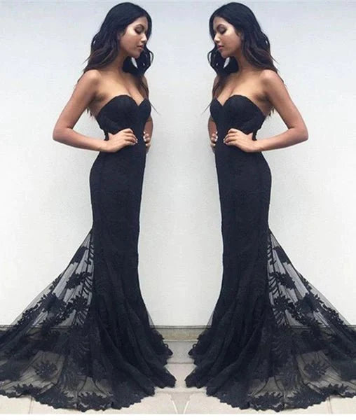 Charming Black Sweetheart Neck Lace Train Long Prom Dresses, Black Evening Dresses, New Arrival Prom Dresses, Mermaid Formal Dresses - RongMoon