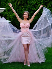 Sheath / Column Prom Dresses High Low Dress Prom Sweep / Brush Train Sleeveless Sweetheart Tulle with Embroidery Appliques