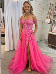 A-Line Prom Dresses Princess Dress Formal Sweep / Brush Train Sleeveless Off Shoulder Tulle Backless with Pleats Appliques