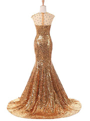 Mermaid / Trumpet Prom Dresses Sparkle Dress Prom Court Train Sleeveless Jewel Neck Sequined with Beading
