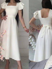 A-Line Bridesmaid Dress Square Neck Short Sleeve Elegant Tea Length Stretch Fabric with Sash / Ribbon / Ruffles - RongMoon
