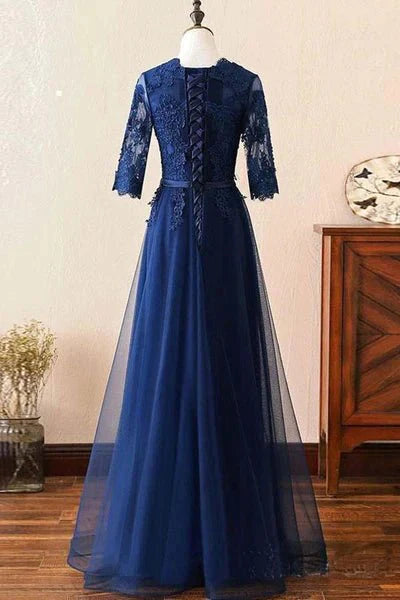 Custom Made Long Sleeves Navy Blue Lace Prom Dress, Long Sleeves Lace Bridesmaid Dress, Long Sleeves Navy Blue Lace Formal Graduation Evening Dress - RongMoon