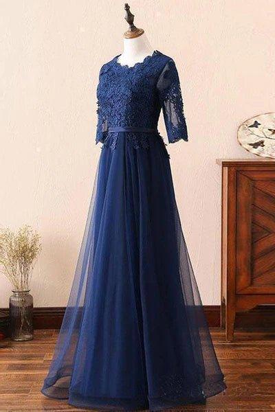 Custom Made Long Sleeves Navy Blue Lace Prom Dress, Long Sleeves Lace Bridesmaid Dress, Long Sleeves Navy Blue Lace Formal Graduation Evening Dress - RongMoon