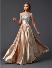 A-Line Prom Dresses Sparkle & Shine Dress Party Wear Floor Length Sleeveless One Shoulder Charmeuse with Pleats Sequin