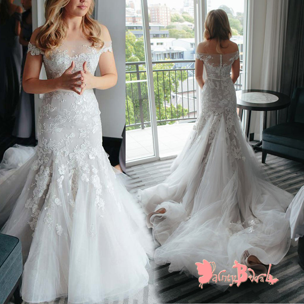 Popular Off The Shoulder Lace Appliques Stunning Mermaid With Train  Wedding Dresses,DB0119