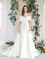 Hall Casual Wedding Dresses Chapel Train Sheath / Column Cap Sleeve Off Shoulder Satin With Ruched