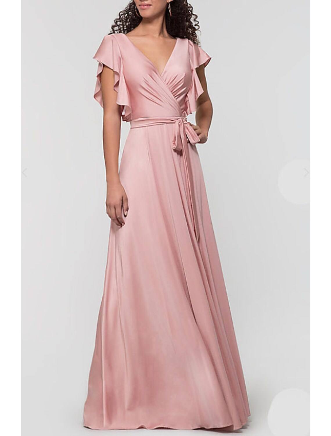 A-Line Bridesmaid Dress Plunging Neck Short Sleeve Open Back Floor Length Satin with Bow(s) / Ruffles - RongMoon