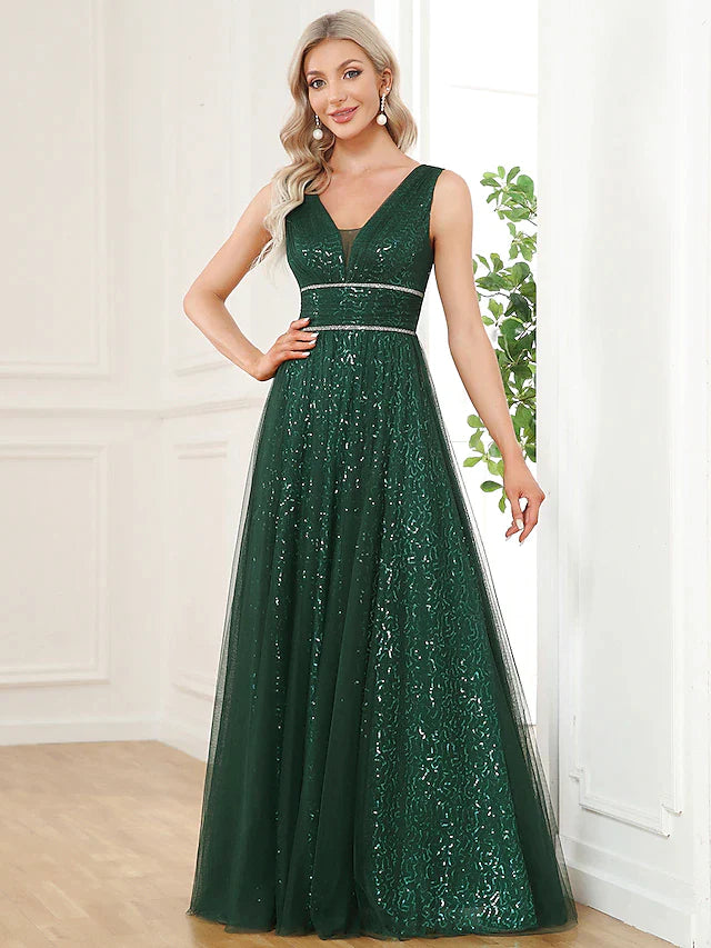 A-Line Prom Dresses Elegant Dress Party Wear Floor Length Sleeveless V Neck Sequined V Back with Sequin