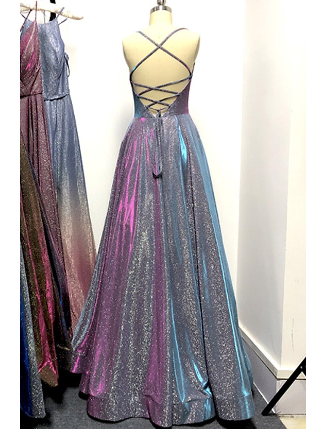 A-Line Prom Dresses Sparkle & Shine Dress Formal Floor Length Sleeveless Strapless Pocket Stretch Satin Backless with Slit Pocket