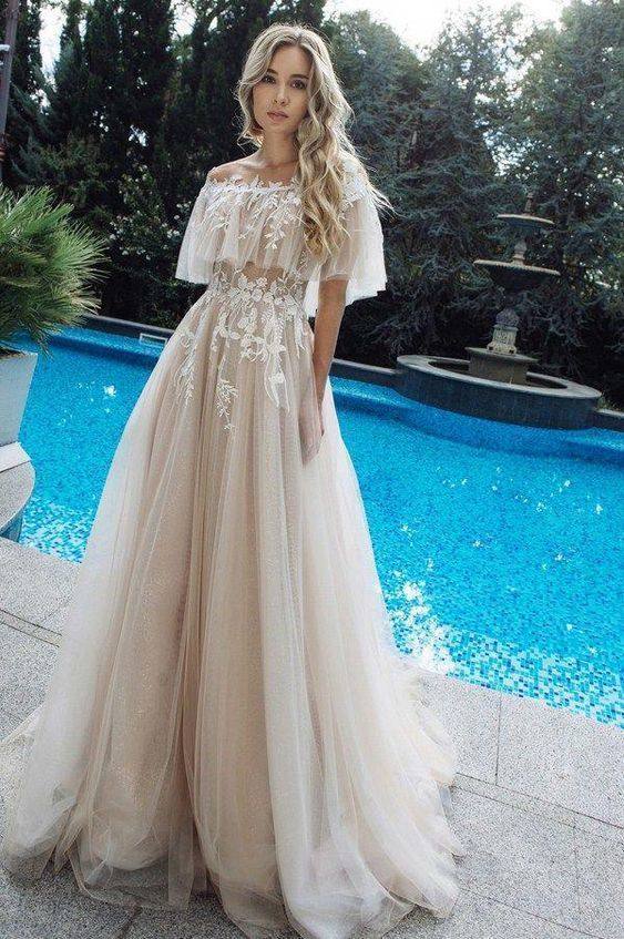 Champagne tulle lace long prom dress champagne lace evening dress - RongMoon