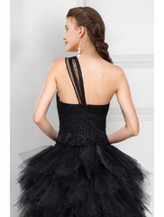 Ball Gown Prom Dresses Black Dress Masquerade Asymmetrical Sleeveless One Shoulder Tulle Ladder Back with Pure Color