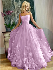 A-Line Prom Dresses Elegant Dress Engagement Floor Length Sleeveless Spaghetti Strap Tulle with Pleats Appliques