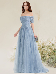 A-Line Prom Dresses Elegant Dress Wedding Guest Sweep / Brush Train Sleeveless Off Shoulder Lace with Pleats