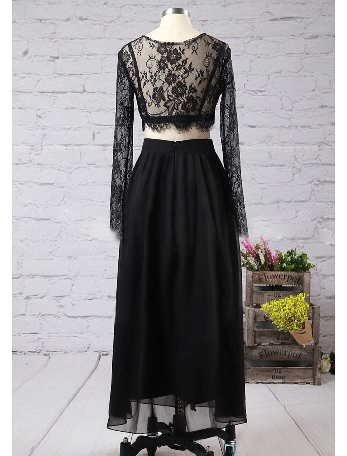 Two Piece A-Line Prom Dresses High Split Dress Formal Floor Length Long Sleeve Jewel Neck Chiffon with Slit