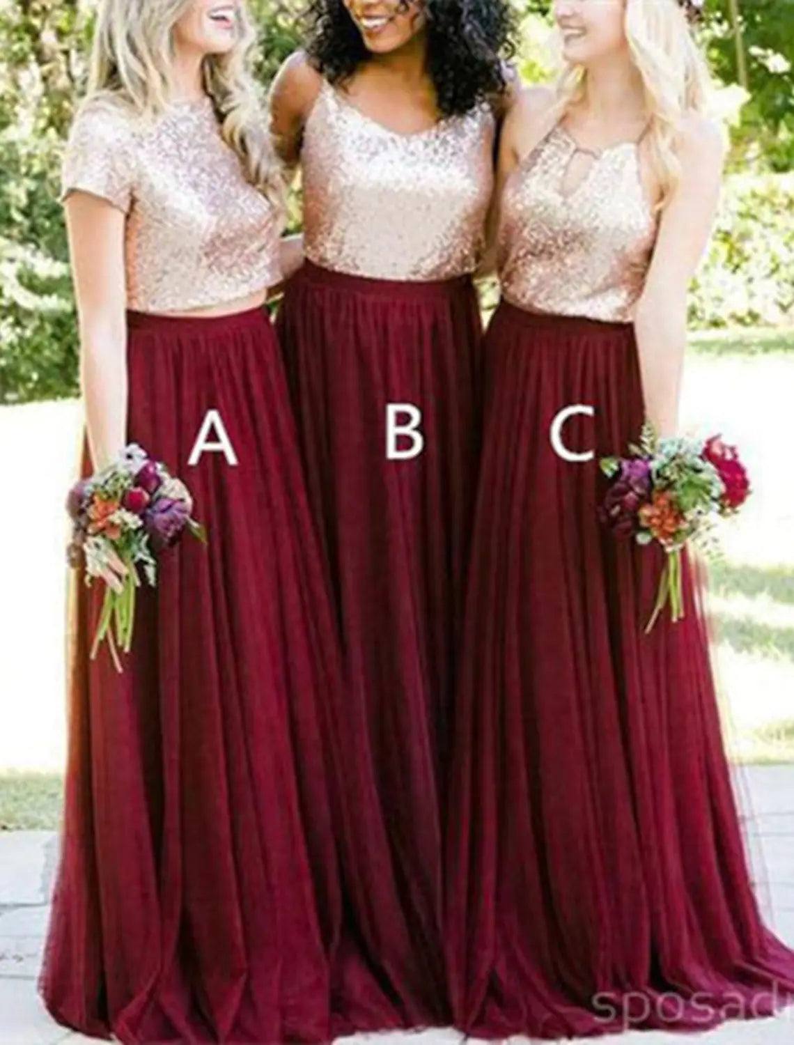 Two Piece Bridesmaid Dress V Neck Sleeveless Color Block Floor Length Chiffon / Sequined with Sequin - RongMoon