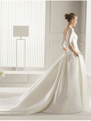 Engagement Formal Wedding Dresses A-Line Scoop Neck Half Sleeve Court Train Satin Bridal Gowns With Bow(s) Pleats