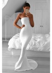 Elegant Mermaid/Trumpet Strapless Satin White Prom Dresses - RongMoon