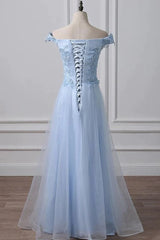 Elegant Off Shoulder Long Sky Blue Lace Prom Dress, Off Shoulder Sky Blue Formal Dress, Sky Blue Lace Evening Dress - RongMoon