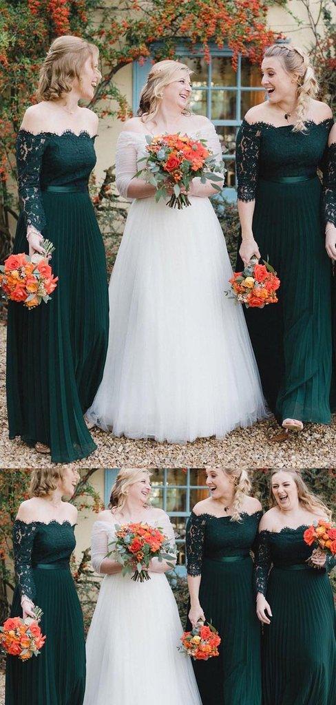 Off Shoulder Emerald Green Long A-line Chiffon Lace Bridesmaid Dresses - RongMoon