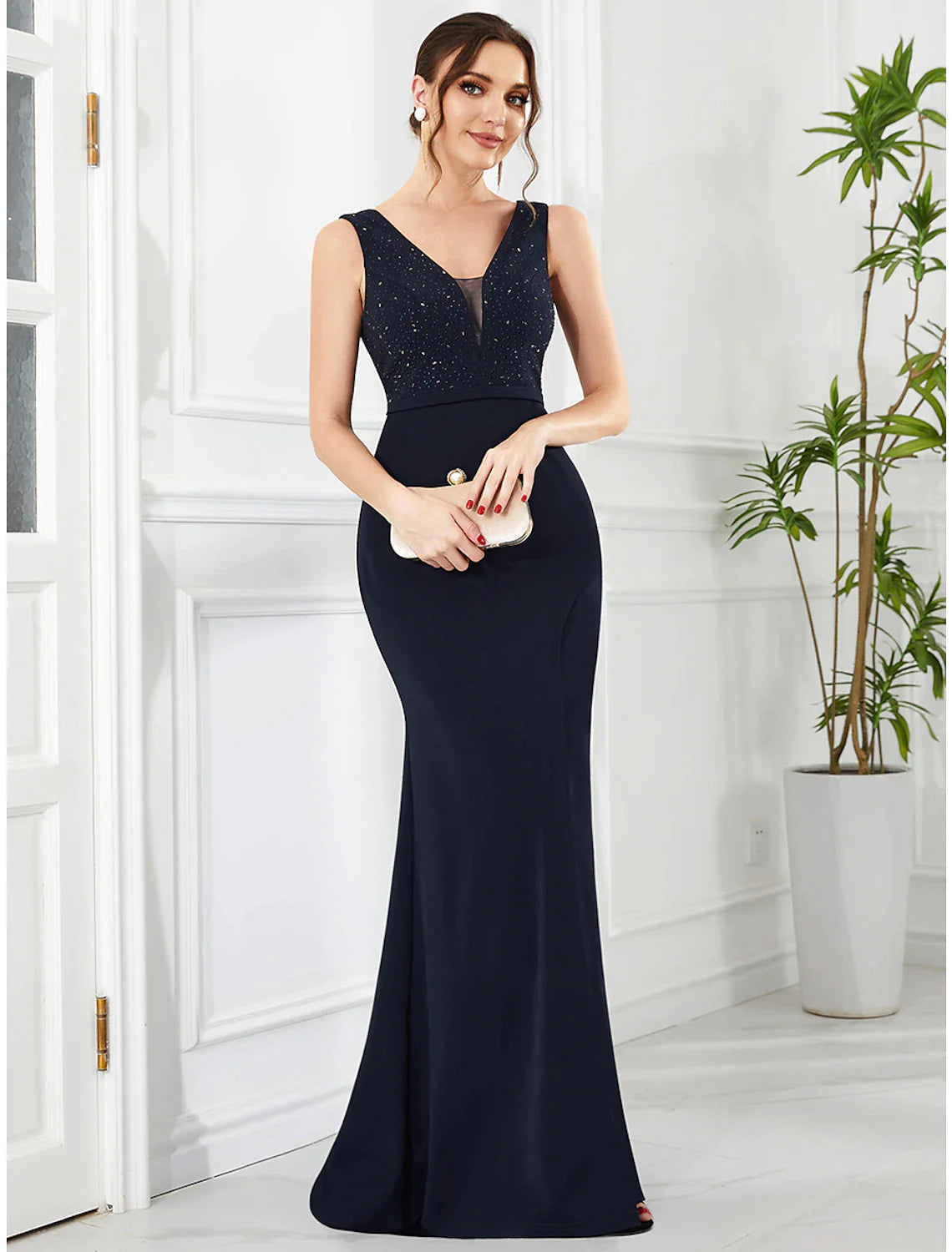 Mermaid / Trumpet Evening Gown Glittering Dress Prom Wedding Party Floor Length Sleeveless V Neck Polyester with Belt