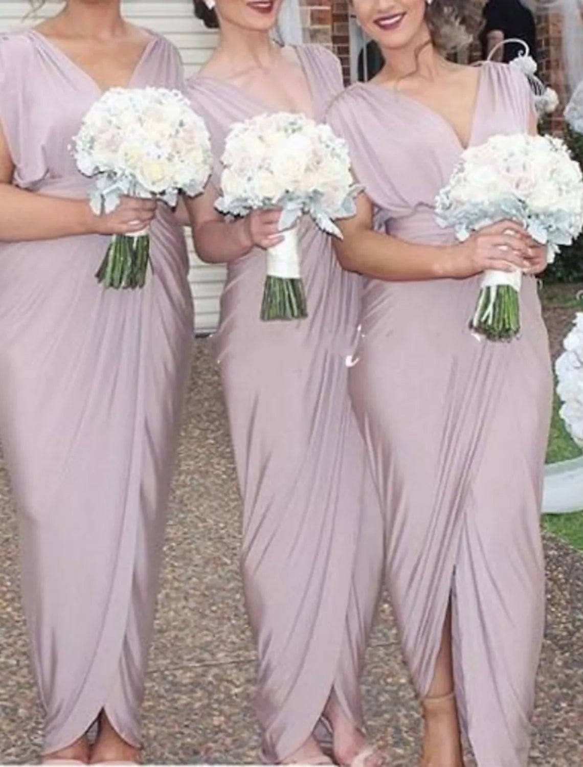 Sheath / Column Bridesmaid Dress V Neck Short Sleeve Elegant Ankle Length Spandex with Split Front / Solid Color - RongMoon