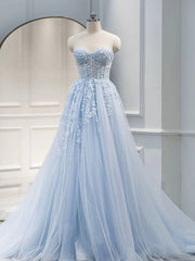 Blue A line tulle lace long prom dress blue lace formal dress - RongMoon
