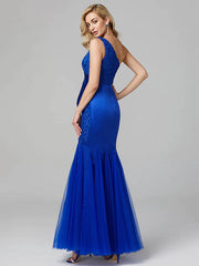 Fit & Flare Elegant Dress Holiday Floor Length Sleeveless One Shoulder Lace Over Tulle with Lace