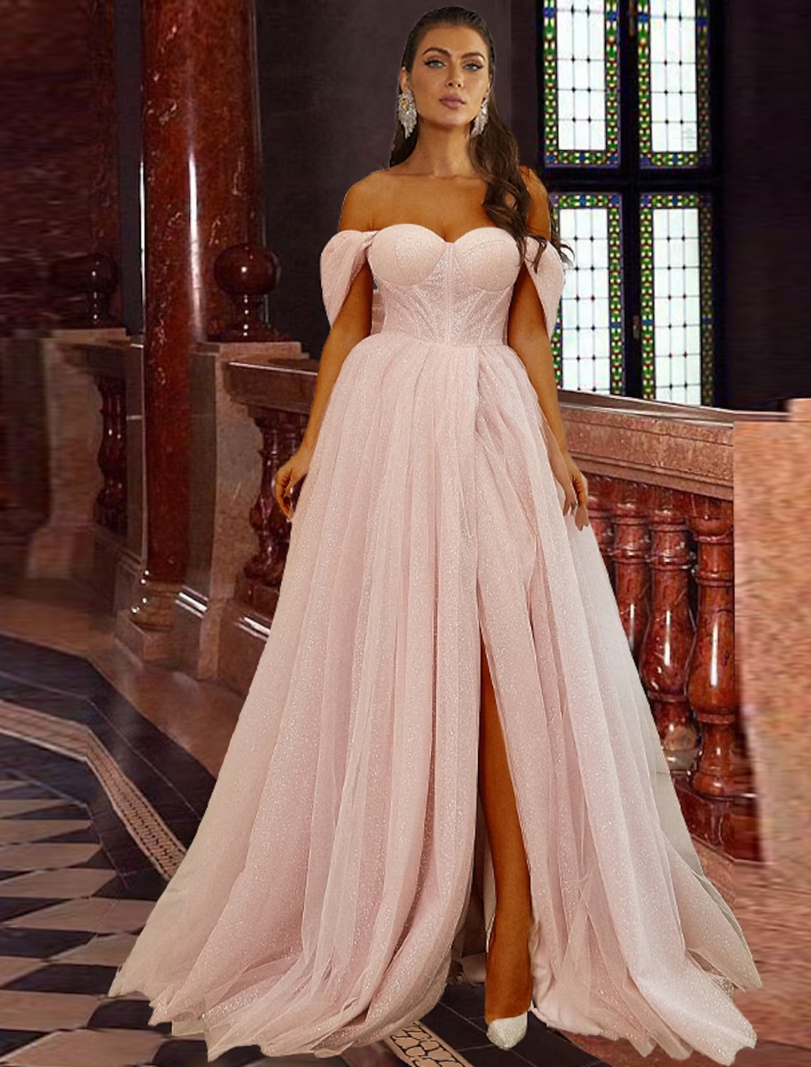 A-Line Prom Dresses Corsets Dress Prom Sweep / Brush Train Short Sleeve Off Shoulder Tulle with Glitter Pleats Slit