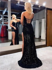 Mermaid / Trumpet Prom Dresses Sparkle & Shine Dress Formal Sweep / Brush Train Sleeveless Spaghetti Strap Sequined Backless with Beading Sequin Slit