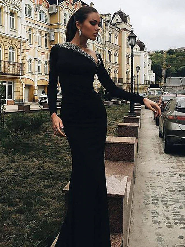 Mermaid / Trumpet Evening Gown Open Back Dress Engagement Floor Length Long Sleeve V Neck Stretch Fabric with Crystals Beading