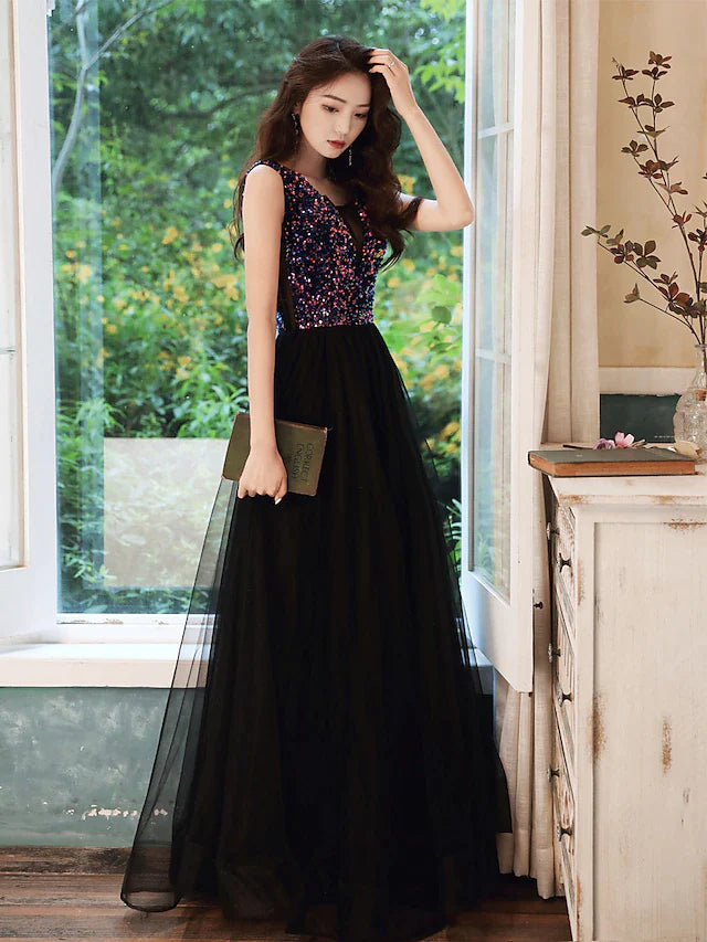 A-Line Glittering Minimalist Wedding Guest Prom Dress V Neck Sleeveless Floor Length Sequined with Sequin
