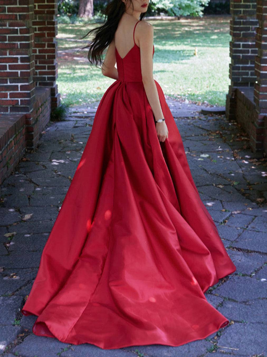 Simple red satin long prom dress, red satin evening dress - RongMoon