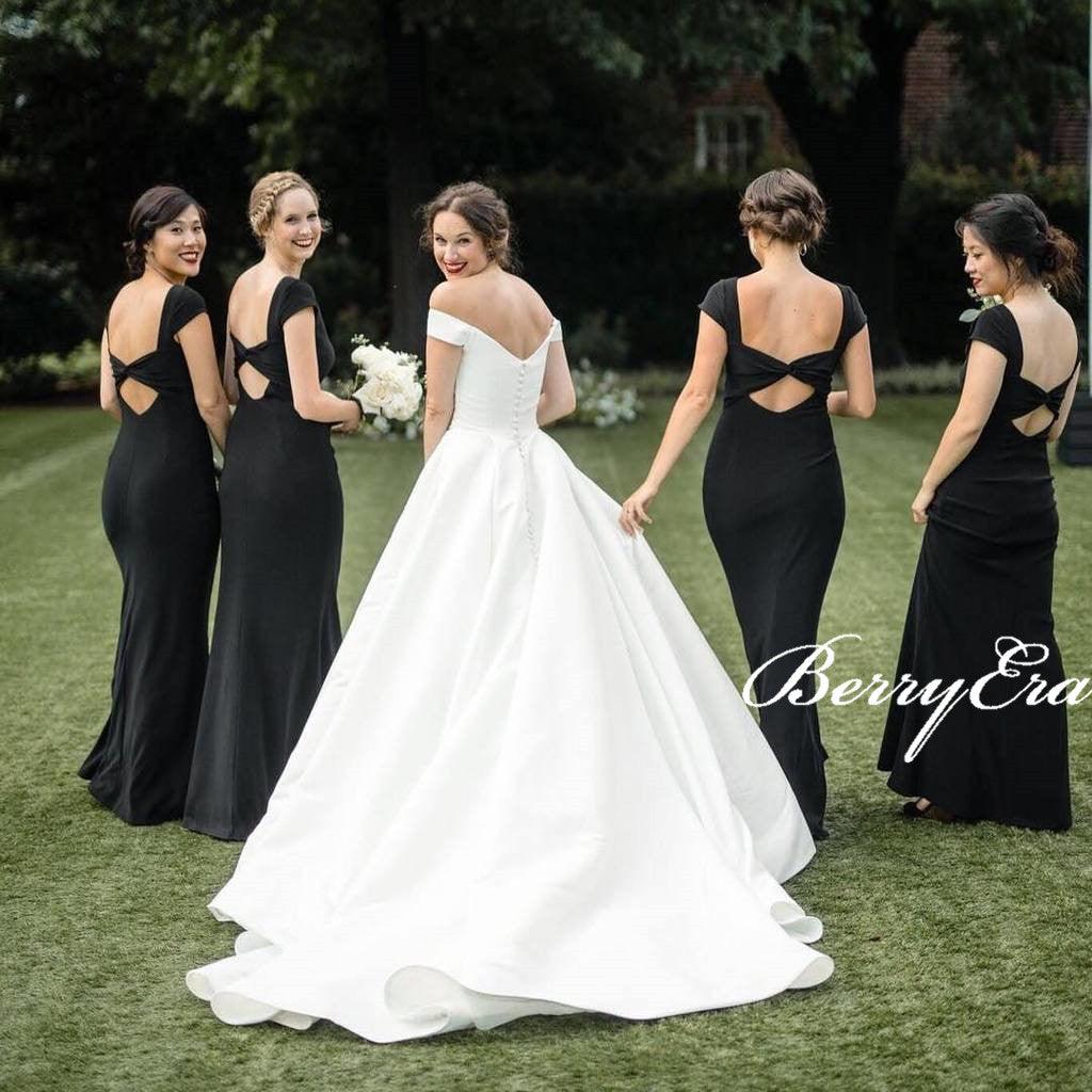 Cap Sleeves Long Mermaid Black Jersey Bridesmaid Dresses, Long Bridesmaid Dresses, Cheap Bridesmaid Dresses - RongMoon