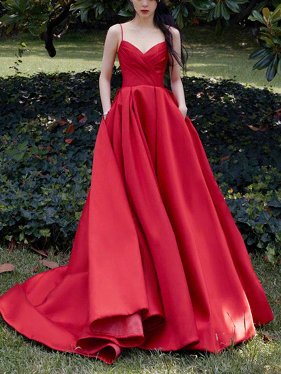 Simple red satin long prom dress, red satin evening dress - RongMoon