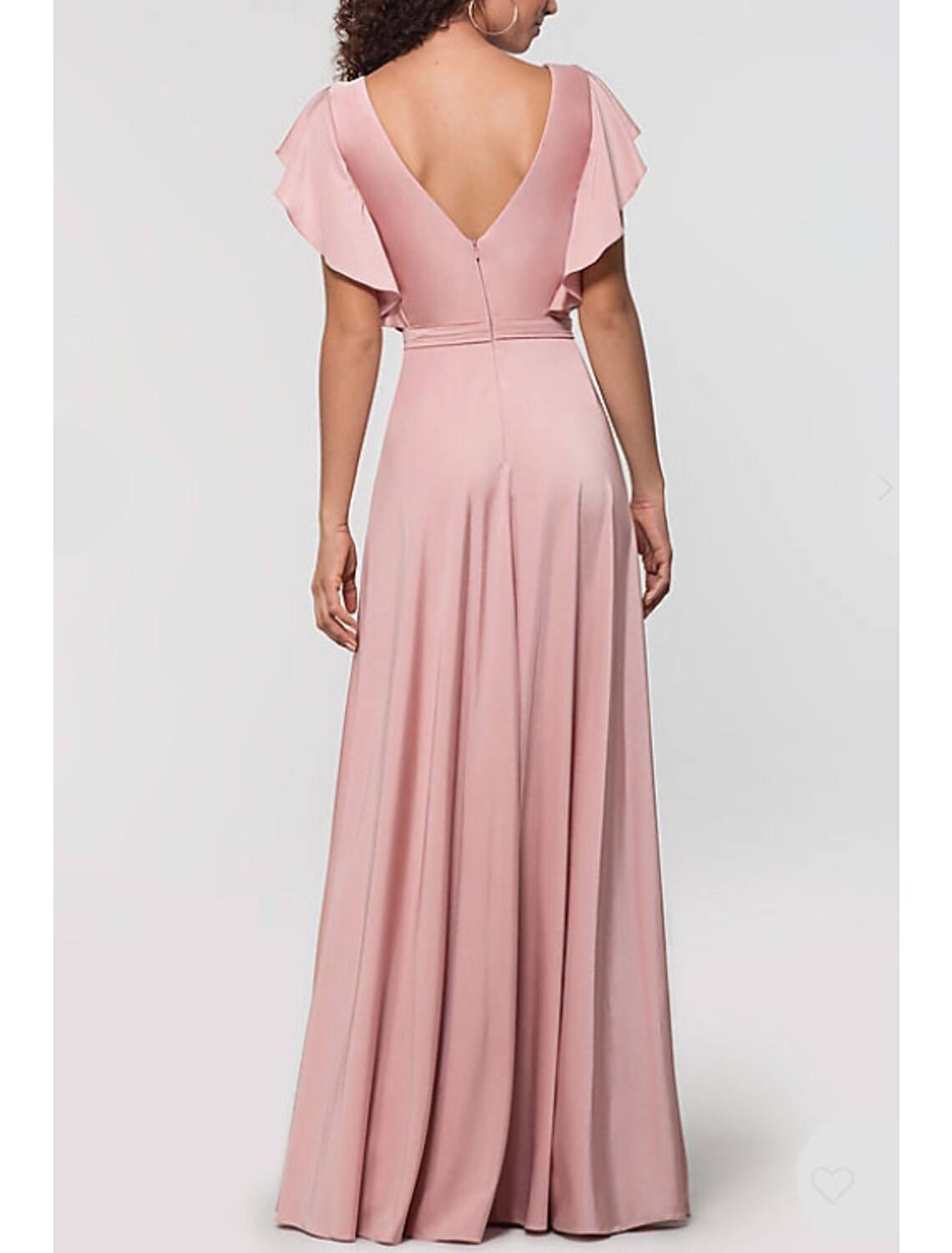 A-Line Bridesmaid Dress Plunging Neck Short Sleeve Open Back Floor Length Satin with Bow(s) / Ruffles - RongMoon