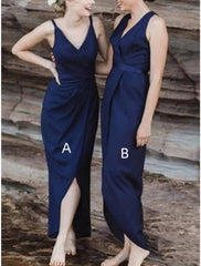 Sheath / Column Bridesmaid Dress V Neck Sleeveless Elegant Ankle Length Satin with Split Front / Solid Color - RongMoon