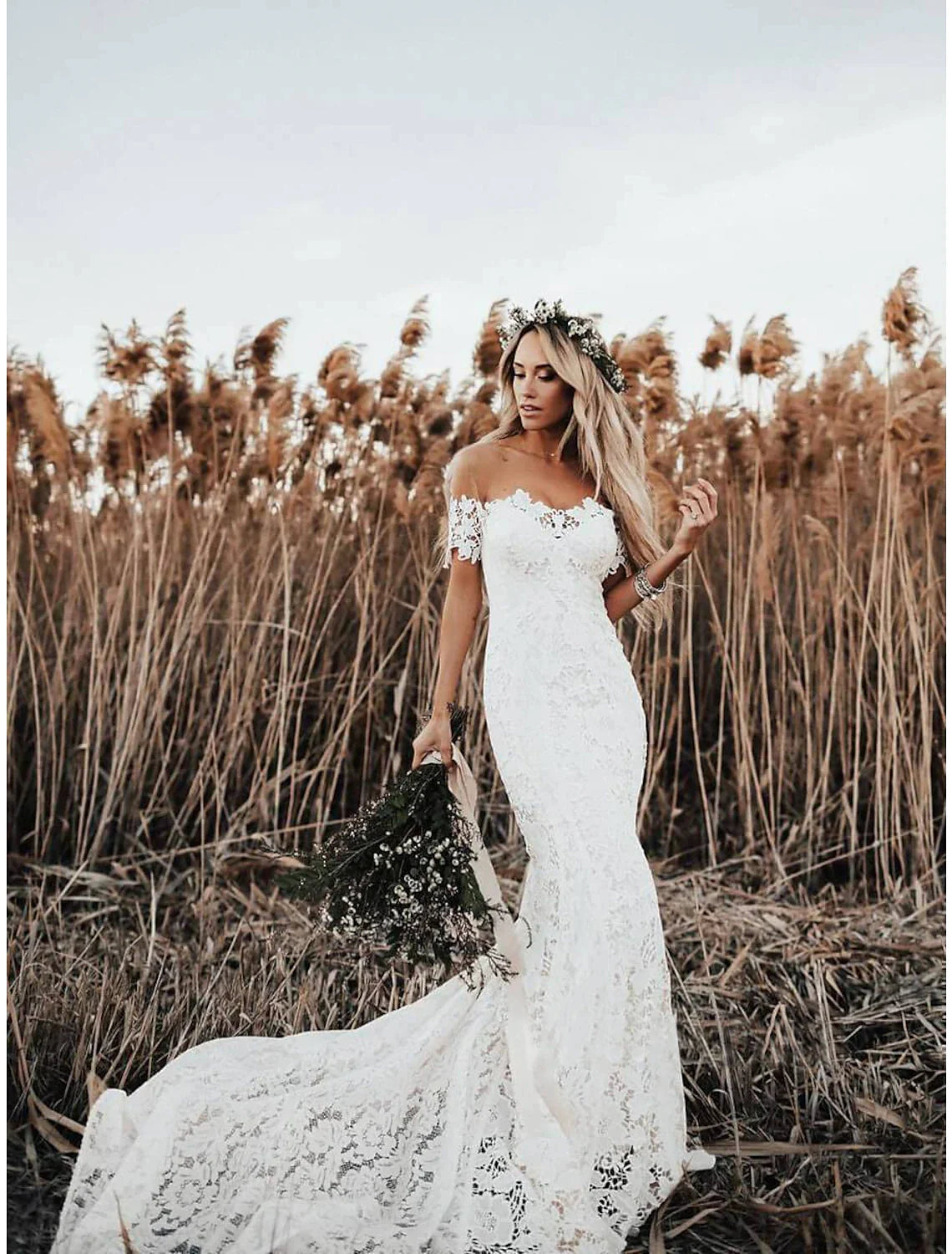 Beach Boho Wedding Dresses Chapel Train Mermaid / Trumpet Cap Sleeve Off Shoulder Lace With Appliques Solid Color