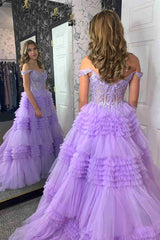 Ruffle Tiered Red Tulle Off The Shoulder Prom Dress
