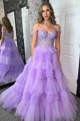 Ruffle Tiered Red Tulle Off The Shoulder Prom Dress