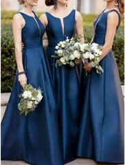 A-Line Bridesmaid Dress V Neck Sleeveless Vintage Floor Length Satin with Pleats / Solid Color - RongMoon