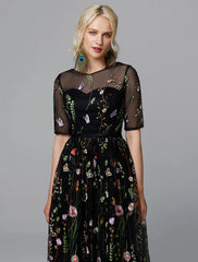 A-Line Floral Dress Holiday Wedding Guest Tea Length Half Sleeve Illusion Neck Lace with Embroidery Appliques