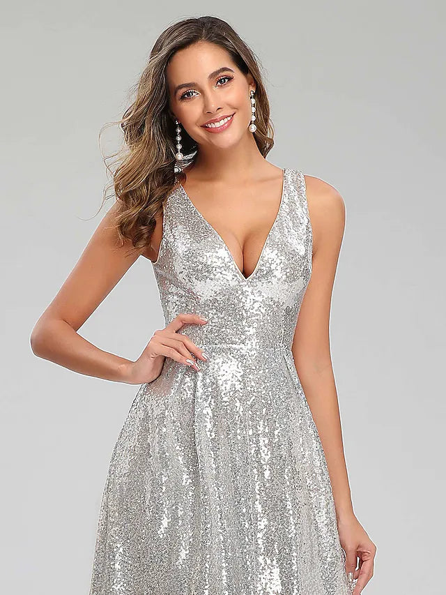 A-Line Prom Dresses Sparkle Dress Wedding Guest Floor Length Sleeveless V Neck Polyester V Back with Sequin