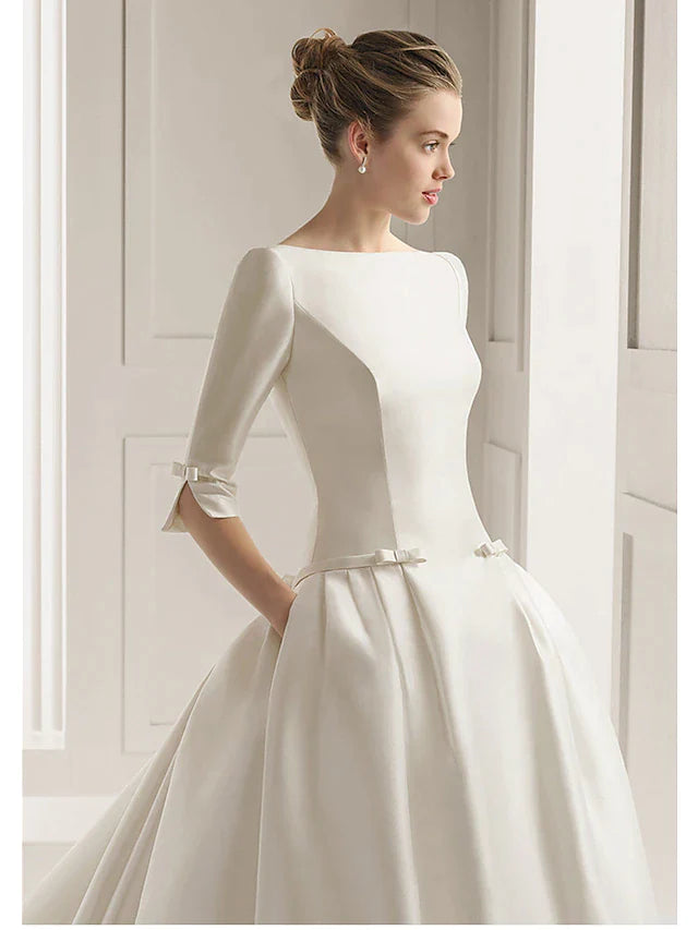 Engagement Formal Wedding Dresses Court Train A-Line Half Sleeve Scoop Neck Satin With Bow(s) Pleats