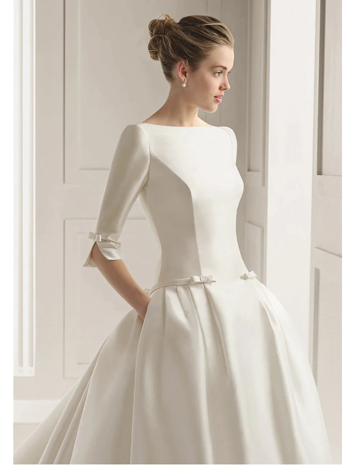 Engagement Formal Wedding Dresses A-Line Scoop Neck Half Sleeve Court Train Satin Bridal Gowns With Bow(s) Pleats