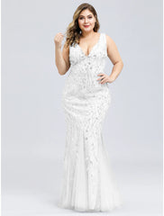 Mermaid / Trumpet Evening Gown Plus Size Dress Wedding Guest Engagement Floor Length Sleeveless V Neck Lace V Back with Appliques