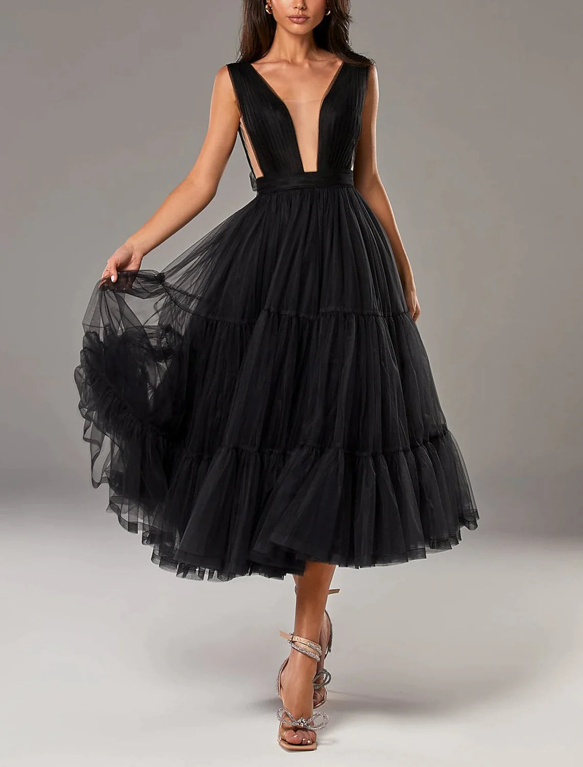 A-Line Prom Dresses Princess Dress Wedding Guest Tea Length Sleeveless V Neck Tulle with Bow(s) Pleats